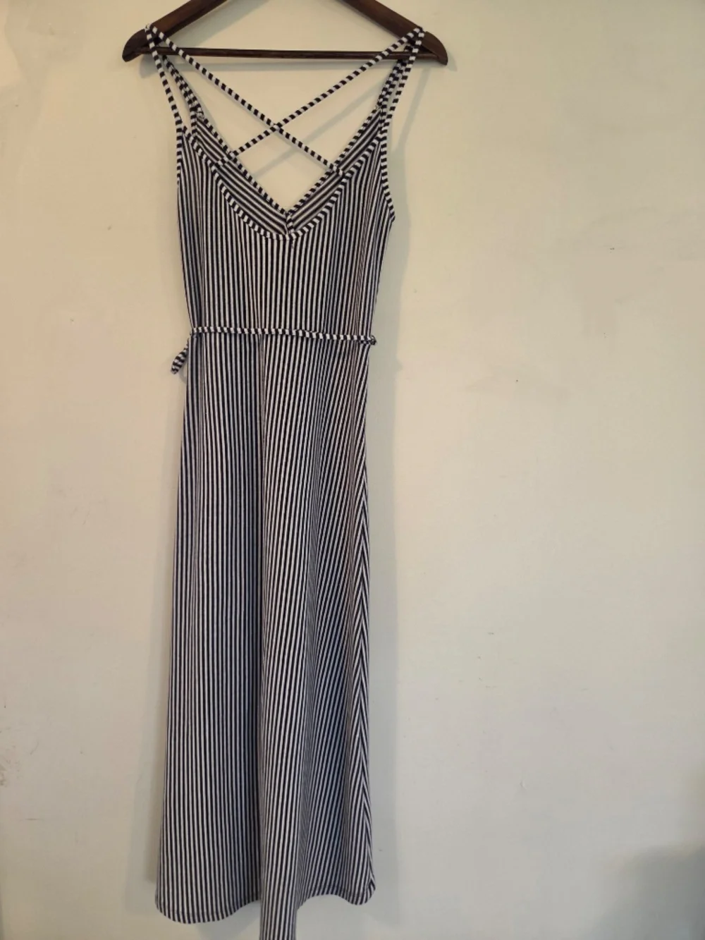 Striped faux wrap blue/white stripe long midi dress S summer coastal preppy knit - Picture 10 of 13